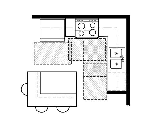 Island Kitchen Ref DW 30 x48 clear floor spaces centered on appliances Island Kitchen In a modest sized design, there is a 30 x48 clear floor space parallel-to and centered-on the refrigerator,