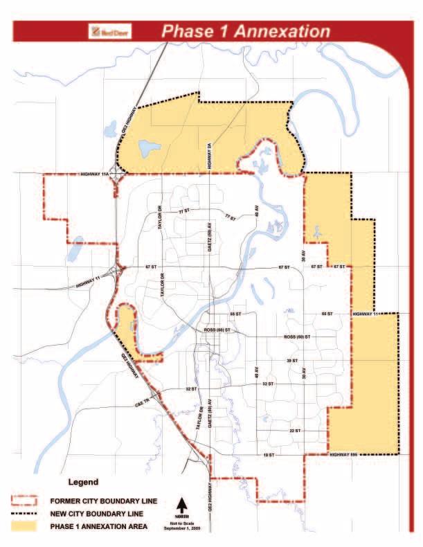 Annexation On October 28, 2009, the City of Red Deer was given the green light to expand its boundary by 3,000 hectares following provincial approval of an application to annex land from Red Deer