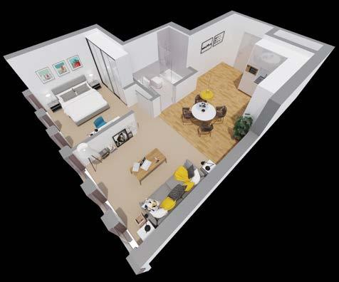 The apartments are an average NIA of 52m 2, and have open plan kitchen / living areas with