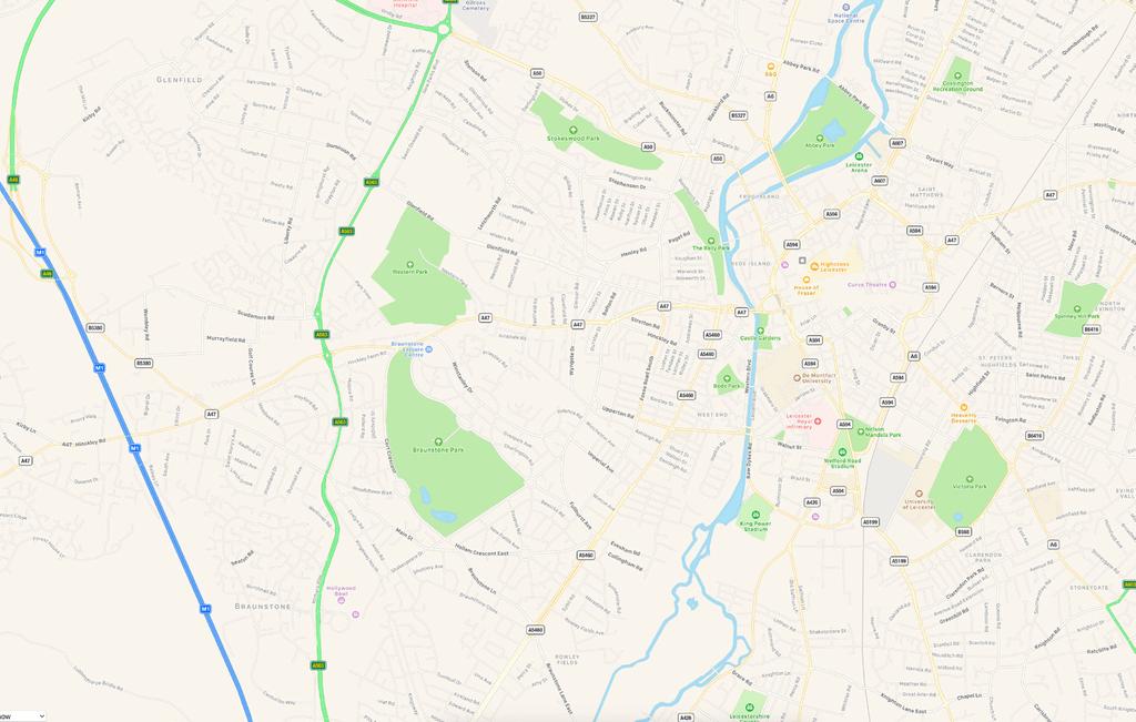 MELBOURNE ROAD A46 KIRKBY ROAD DPMINION ROAD A563 A50 GORBY ROAD B5327 BLACKBIRD ROAD A6 ABBEY PARK ROAD A60 CATHERINE STRE A46 M1 LIBERTY ROAD A563 GLENFIELD ROAD HENLEY ROAD A50 A6 A50 DYSART WAY