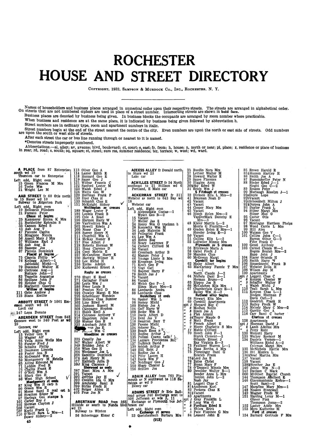 Central Library of Rocester and Monroe County - City Directory Collection - 933 ROCHESTER HOUSE AND STREET DIRECTORY Copybigt 932 Sampson & Mukdock Co. Inc. Roobsteb N. Y.