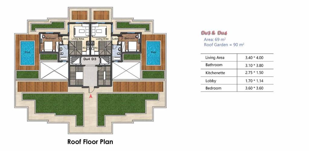 Du3 & Du4 - AREA: 69 m 2 Roof Garden: 90 m 2 Living Area Bathroom Kitchenette Lobby Bedroom 3.40 * 4.00 3.10 * 3.80 2.75 * 1.50 1.70 * 1.14 3.60 * 3.