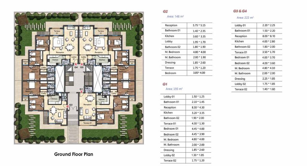 G2 - AREA: 148 m 2 Reception 5.75 * 5.15 Bathroom 01 1.40 * 2.35 kitchen 3.60 * 3.35 Lobby 1.95 * 1.70 Bathroom 02 1.80 * 1.90 M. Bedroom 4.80 * 4.00 M. Bedroom 2.00 * 1.90 Dressing 1.85 * 2.
