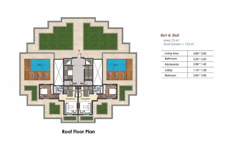 Du1 & Du2 - AREA: 75 m 2 Roof Garden: 133 m 2 Living Area Bathroom Kitchenette Lobby Bedroom 4.80 * 3.60 2.00 * 2.63 2.88 * 1.40 1.10 * 1.38 3.60 * 3.