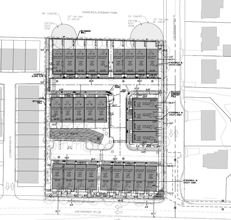 6 5 3 4 2 1 Proposed site plan (with building numbers added for identification). Buildings 1, 2, and 4 are rear-loaded. Buildings 3, 5, and 6 are front loaded.