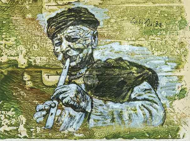JOHN CORBIDGE (1935-2003) VILLAGER PLAYING FLUTE signed and dated
