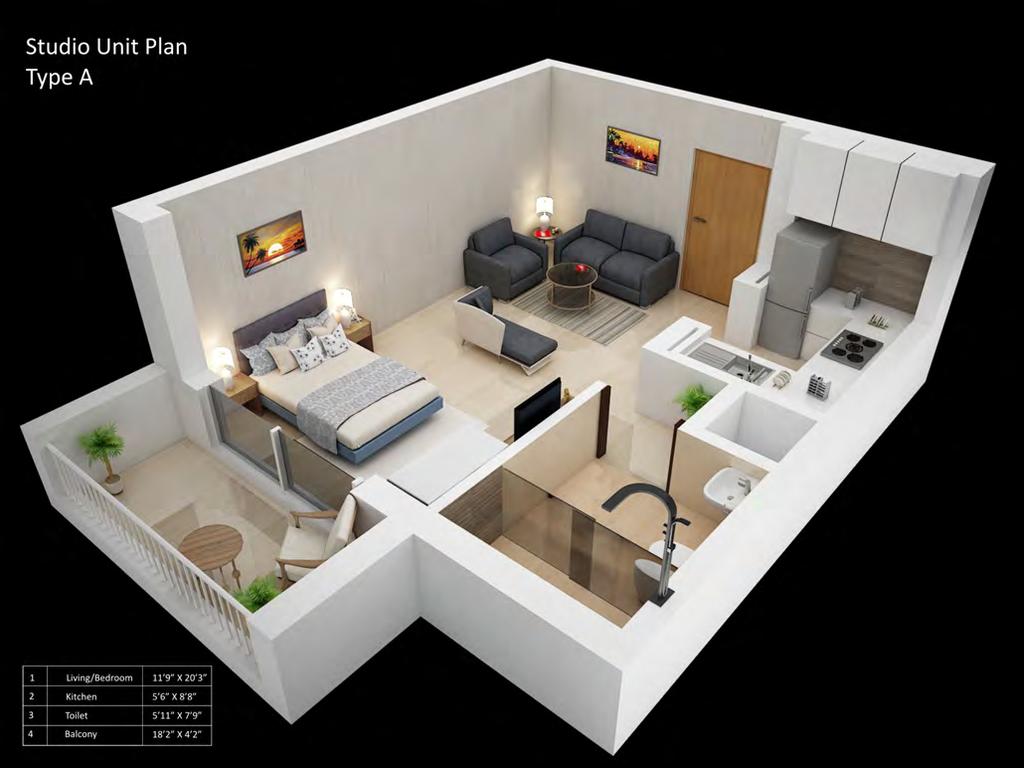 STUDIO The studio apartment is designed to have a well structured plan that encompasses all your needs in a compact space.