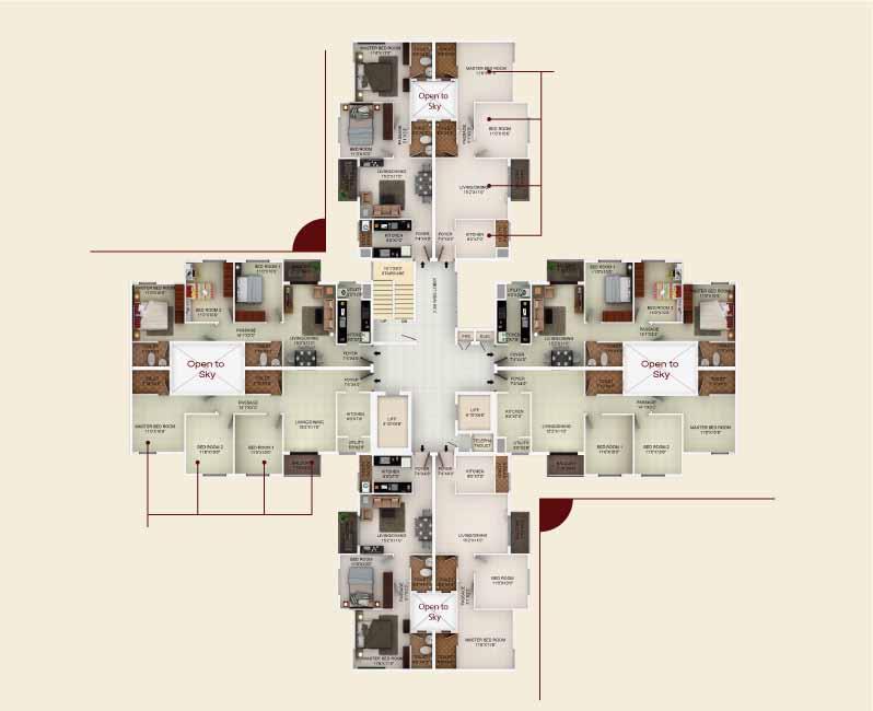 All rooms have excellent access to sunlight TYPICAL FLOOR PLAN Cross design of the blocks gives