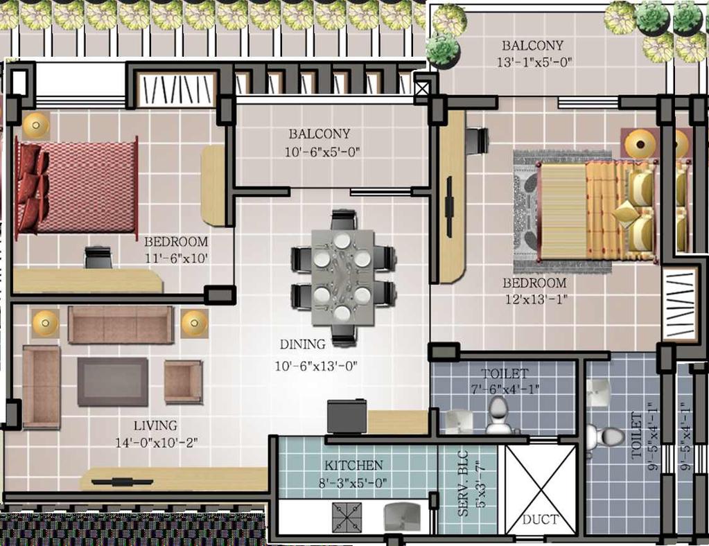 2BHK Floor Plan Type - E N