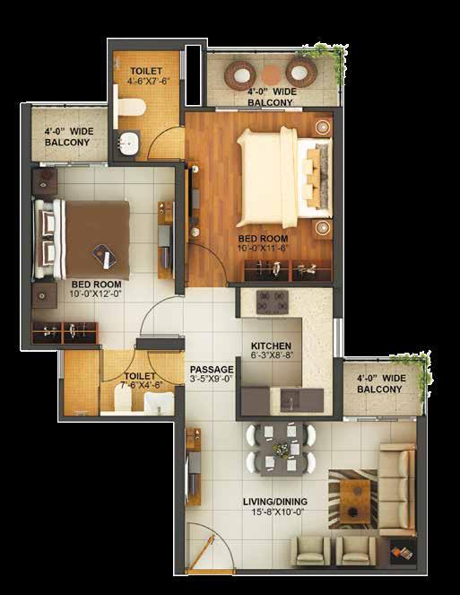 MIG-I (2 BHK) Saleable Area 900 sq.ft./83.6 sq.mt. Built up Area 724 sq.ft./67.2 sq.mt. 2 Bedrooms, 2 Toilets, Living / Dining Room, Kitchen & Balconies UNIT NOS.