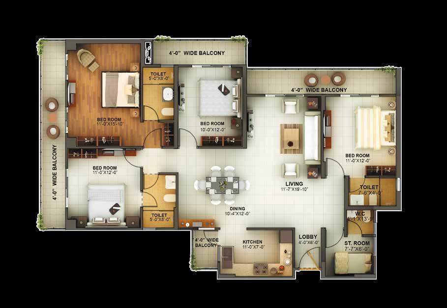 Room with Toilet, 3 Toilets, Living / Dining Room, Kitchen & Balconies UNIT NOS.: 5, 29 FLOOR: 1, 2, 6, 7, 8, 9, 10, 15, 16, 17, 18, 22, 23, 24, 25, 29, 30, 31 UNIT NOS.
