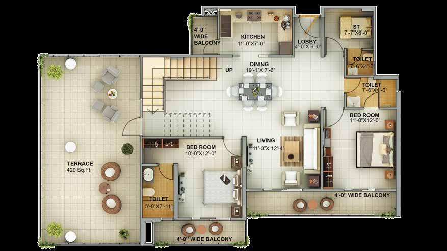DUPLEX-I (5 BHK) Saleable Area 3440 sq.ft/319.5 sq.mt. Built up Area 2895 sq.ft./268.9 sq.mt. 5 Bedrooms, 1 St.