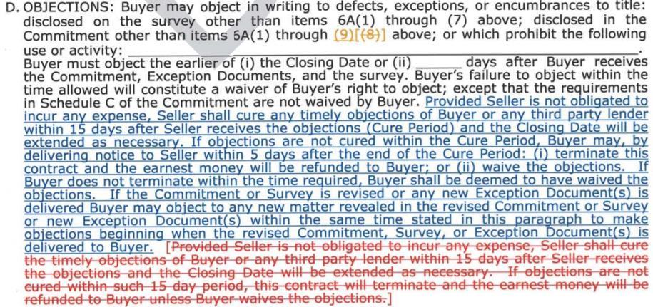 must notify the seller that the buyer will terminate or waive the objections if the objections are not cured within the Cured Period, and address