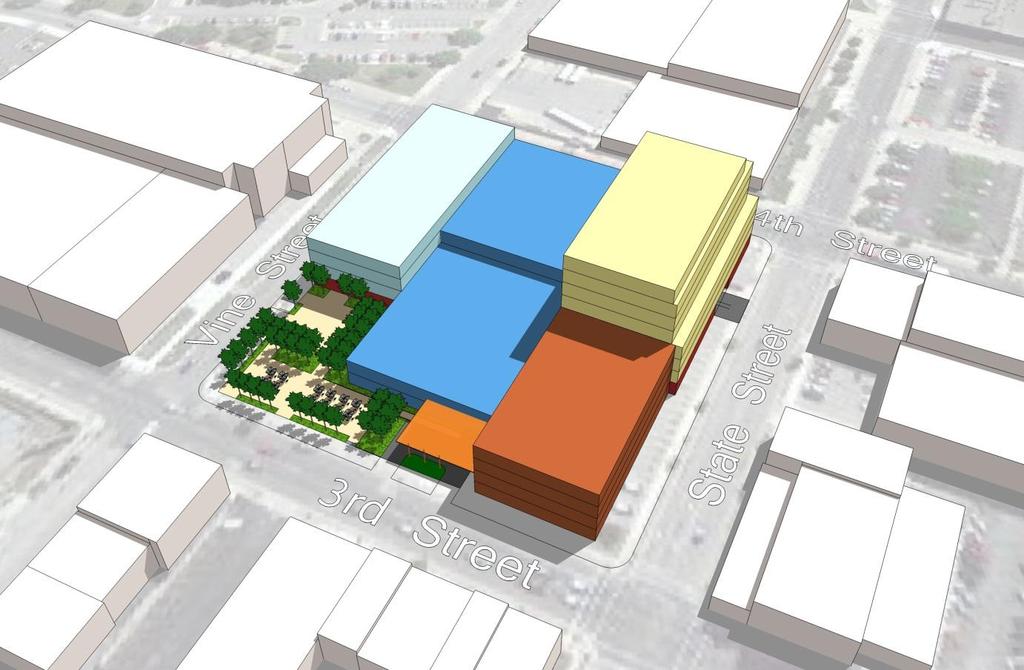 Concept 2 Open Space Urban plaza anchors the intersection of 3 rd and Vine Variety of