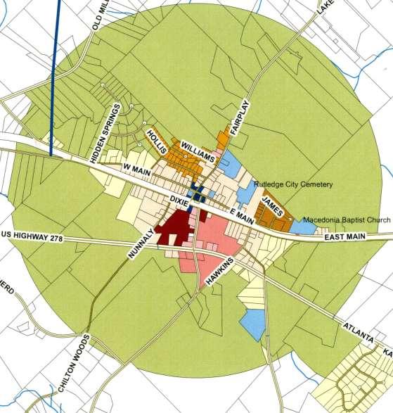 The Rutledge Zoning Map: The dark blue is the Historic Neighborhood ommercial Zoning District. The dark red is the Neighborhood Mixed Use District.