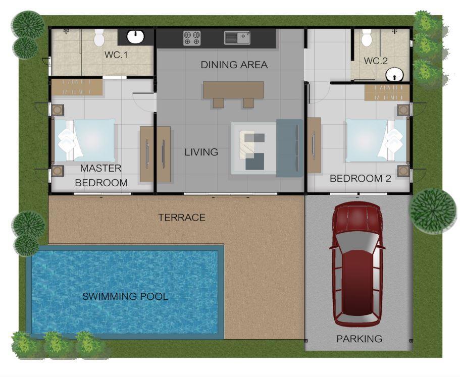 Price 4,150,000 Thb Features o 2 Bedrooms o 2 Bathrooms o Air conditioners o Full set European kitchen with hob, hood, oven o Water storage tank and water