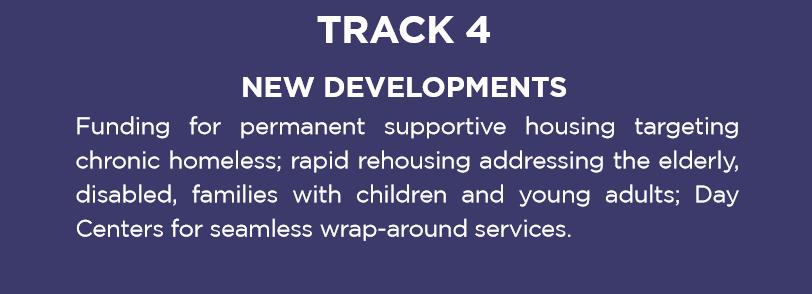 Track 4: Bond Implementation New construction, rehabilitation, adaptive reuse eligible activities Gap financing based on project need determined by underwriting Funding for capital expenses only City
