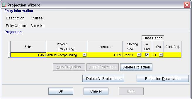 Your entries in the Projection Wizard should look like this; Press OK to return to the Expenses folder Steps for setting up Utilities 1. Select row 4 Utilities 2.