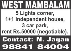 T. NAGAR, Rameswaram Road, near Duraisamy Subway, 1 bedroom, 450 sq.ft, 1 st floor flat, price Rs. 25 lakhs (negotiable), brokers excuse. Ph: 94444 16461.