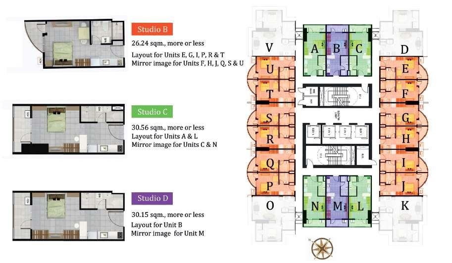 Studio Unit Layouts For floors: 7 th, 9 th, 11 th, 14 th, 16 th,