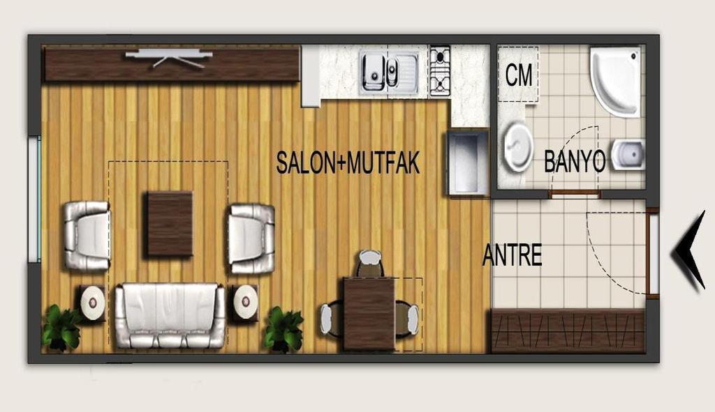 Typical Studio Studio Apartment plus deluxe pack. Sizes NET 25.32 m² - 29.09 m² Sizes GROSS 37.00 m² - 43.