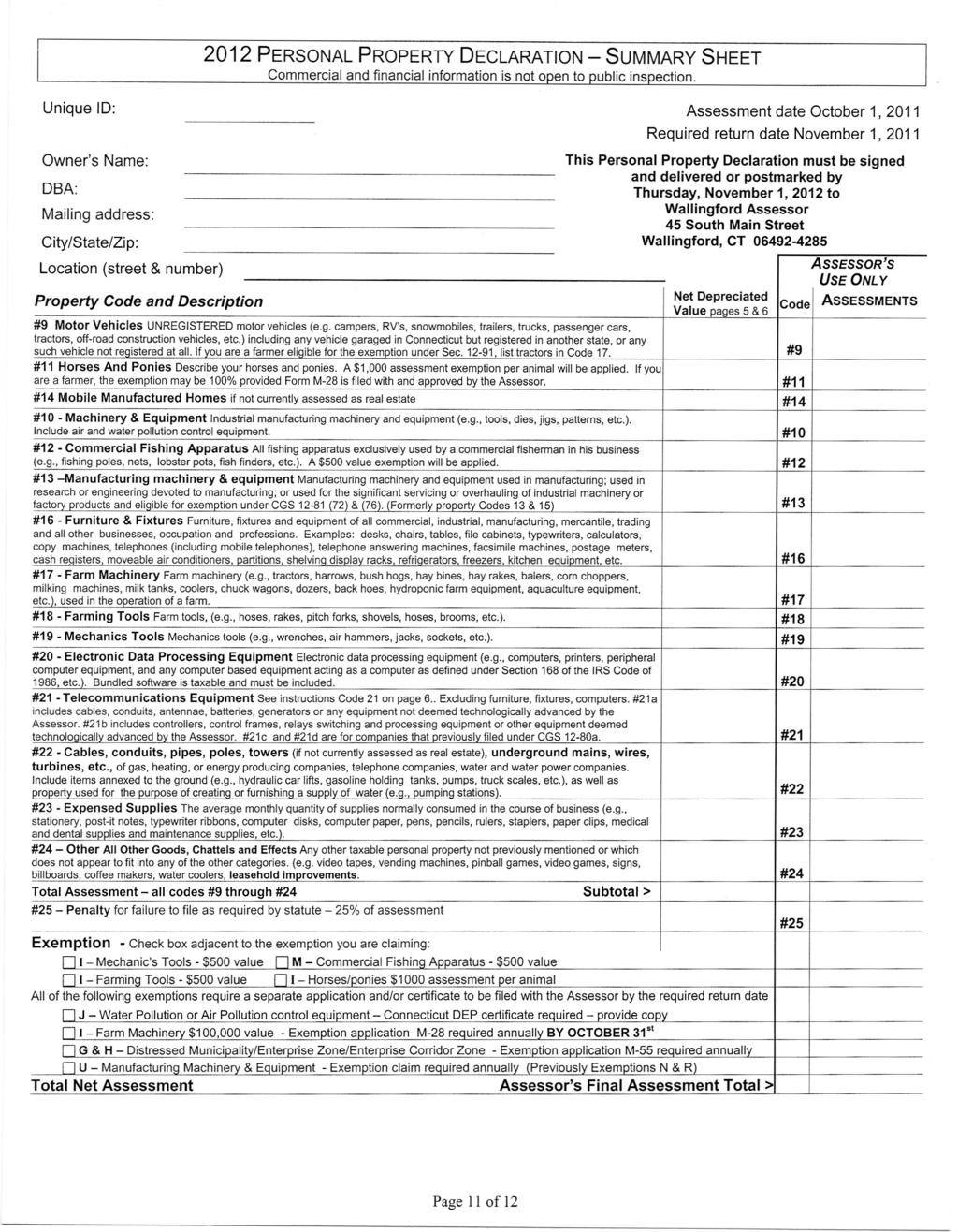 2012 PERSONAL PROPERTY ECLARATION - SUMMARY SHEET Commercial and financial information is not 0 en to ublic ins ection.