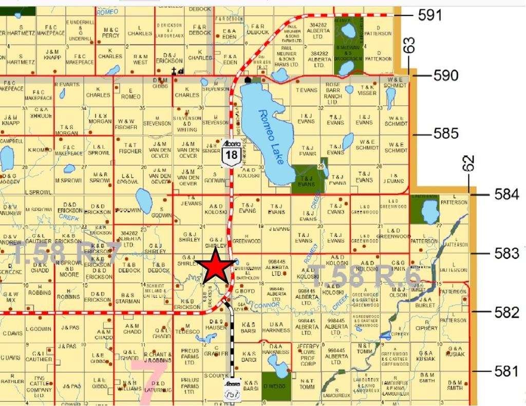 LOCATION Directions: From Junction of Hwy 43 & Sec Hwy 757 just west of Sangudo. Go north on Hwy 757 for 14 km turn east on Hwy 18 for 1 km property on west side.