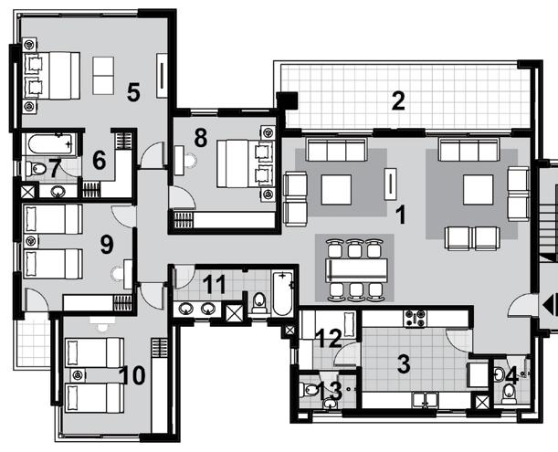 Second Floor Apartment 21-22 1-Reception: 8.54 * 5.77 m 2-Terrace: 8.41 * 2.21 m 3-Kitchen : 3.78 * 3.40 m 4-Bathroom: 1.74* 1.24 m 5-Master Bedroom: 5.04 * 3.80 m 6-Master Bedroom Dressing: 1.73 * 2.