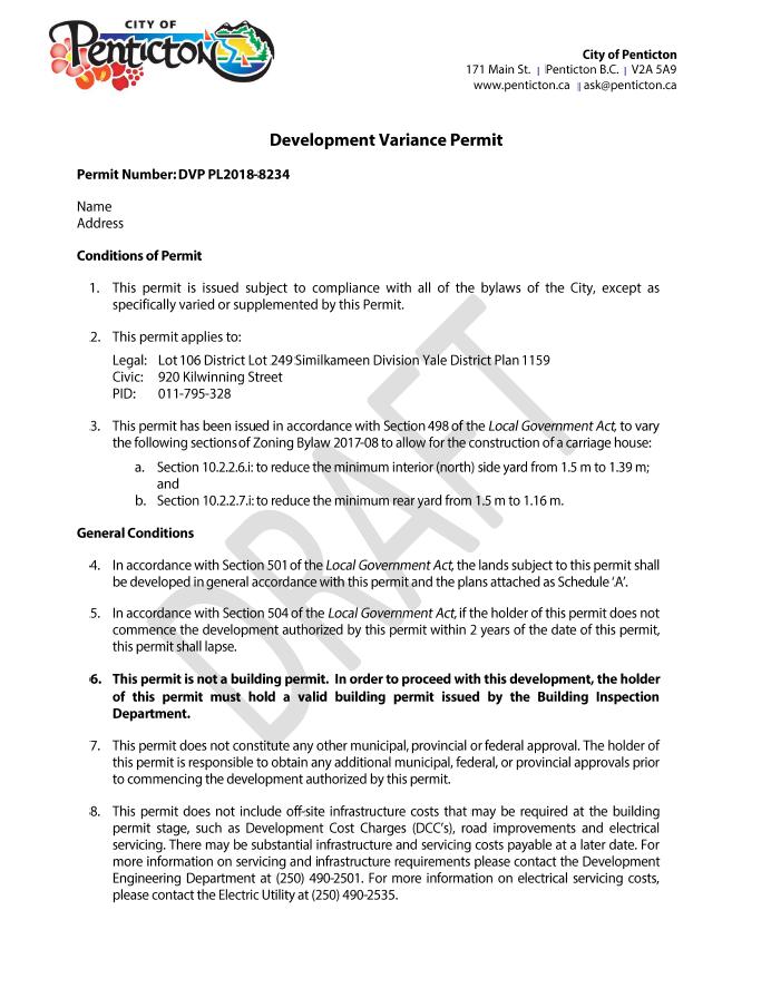 Attachment I Draft Development Variance Permit
