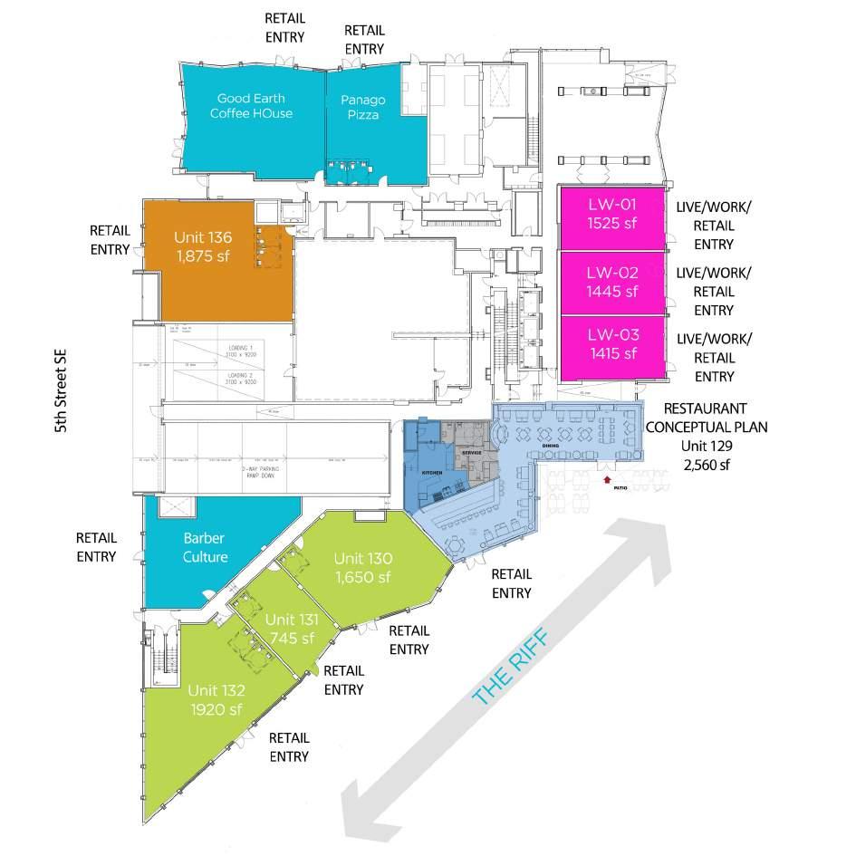 QV ERVE Q1 SITE PLAN LEASED SPACE AVAILABLE SPACES FOR LEASE LIVEWORK SUITES - SOLD OUT RESERVED Restaurant Patio Municipal Address: 615-6 Avenue SE