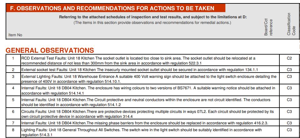 8 Observations, recommendations and action required Example of Observations and recommendations The codes relating to the observations are shown below.