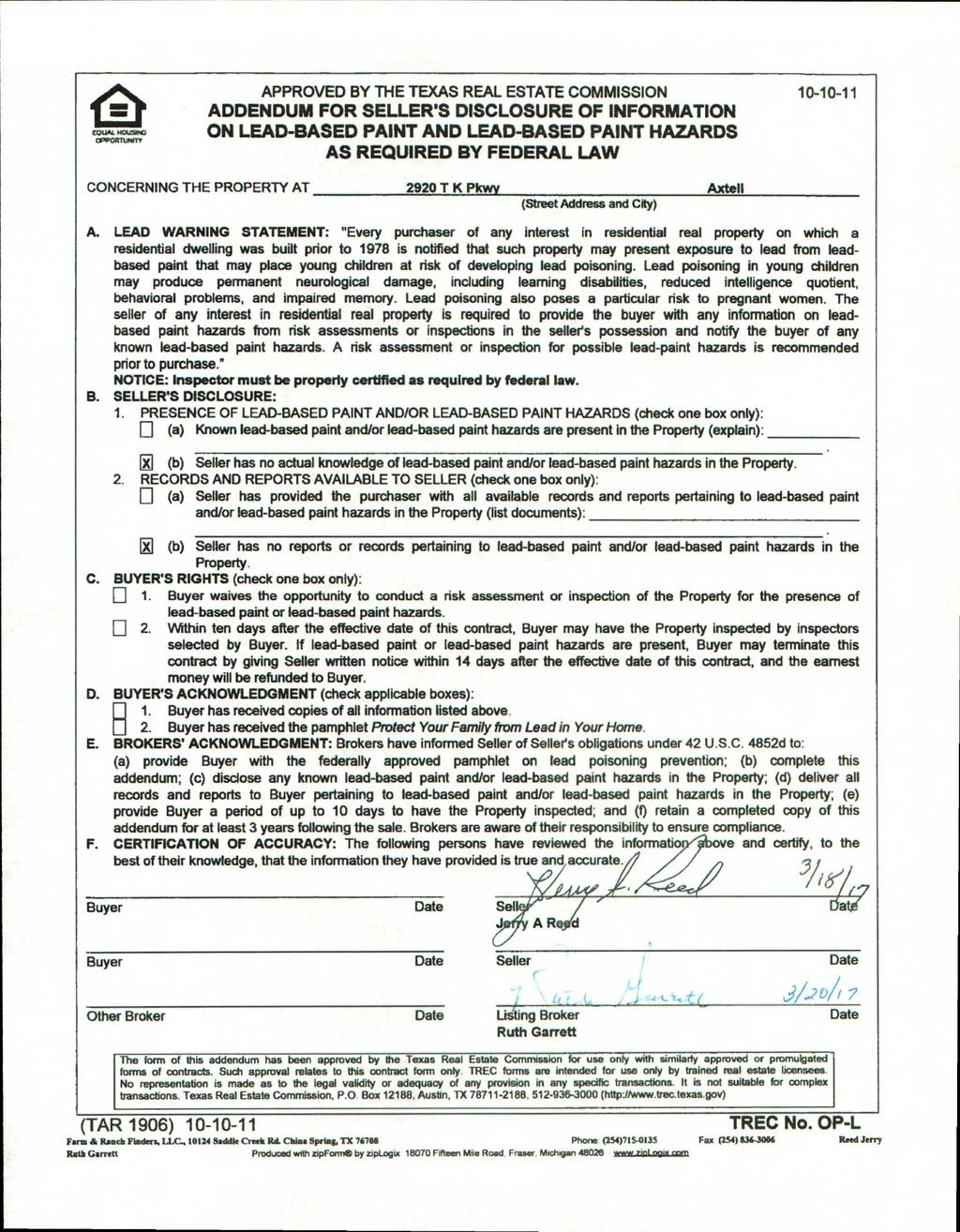 COUAL HOUSING OPPOIITIAM APPROVED BY THE TEXAS REAL ESTATE COMMISSION ADDENDUM FOR SELLER'S DISCLOSURE OF INFORMATION ON LEAD-BASED PAINT AND LEAD-BASED PAINT HAZARDS AS REQUIRED BY FEDERAL LAW