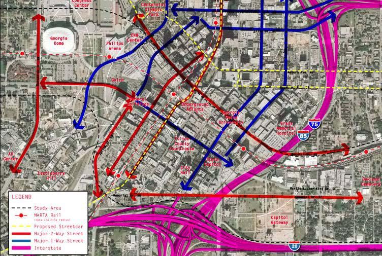 EXISTING CONDITIONS : TRANSPORTATION PATTERNS Great transit accessibility 6 MARTA Stations, potential Peachtree Streetcar One-way streets help