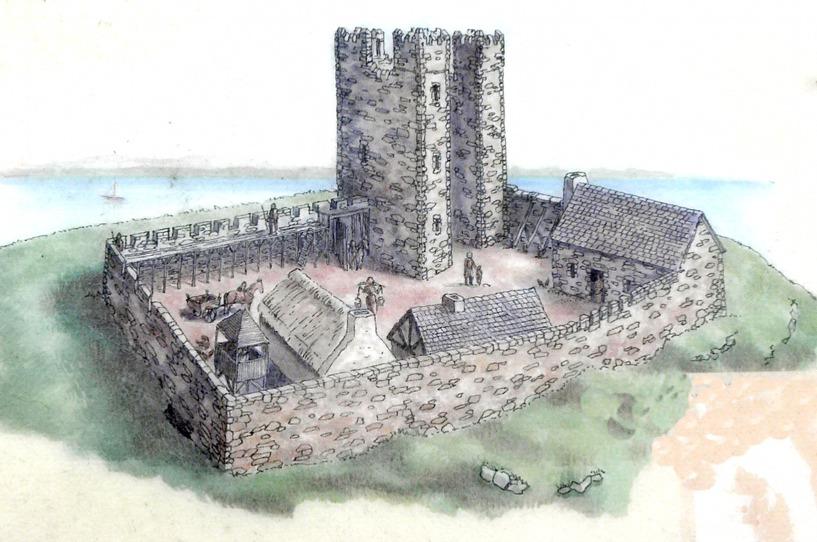 Audley s Castle and bawn. View from the south. The main entrance faces toward Strangford Lough, and the land approach is from the west. The building is in the care of the NIEA.
