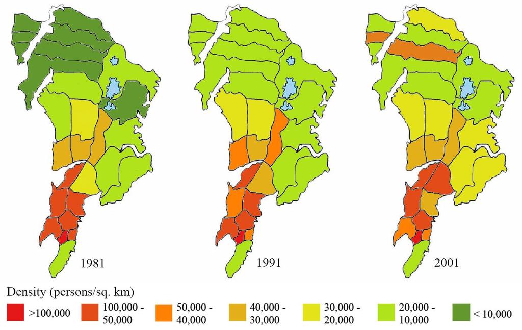 Density Distribution Changing population density in different administrative wards of Greater Mumbai (1981 2001) Source: Data derived from Wendell Cox Consultancy, (n.d.) ; MCGM (2012) Wendell Cox Consultancy, (n.
