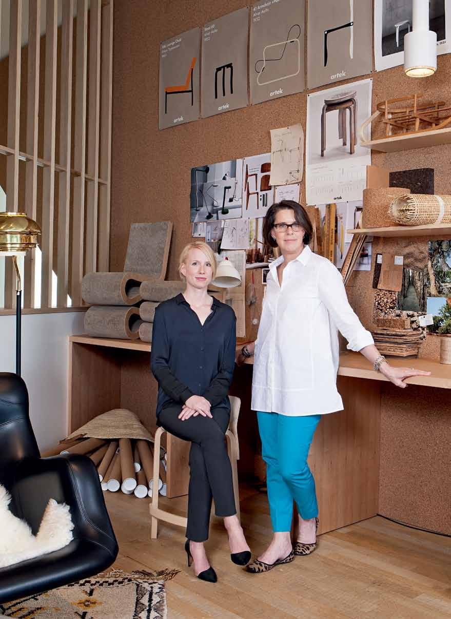 THIS PAGE, VITRA DIRECTOR NORA FEHLBAUM (LEFT) AND ARTEK CEO MIRKKU KULLBERG (RIGHT) AT THE VITRAHAUS LOFT, THE FIRST JOINT EXHIBITION SPACE FOR ARTEK AND VITRA, IN WEIL AM RHEIN, GERMANY.
