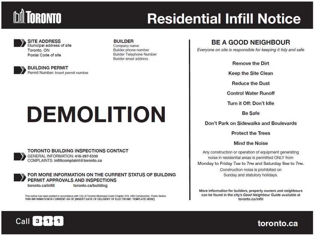 16 B. The information notice related to Infill Housing Project, which includes only demolition and no proposed construction shall be sized in accordance with the requirements of Section 2,