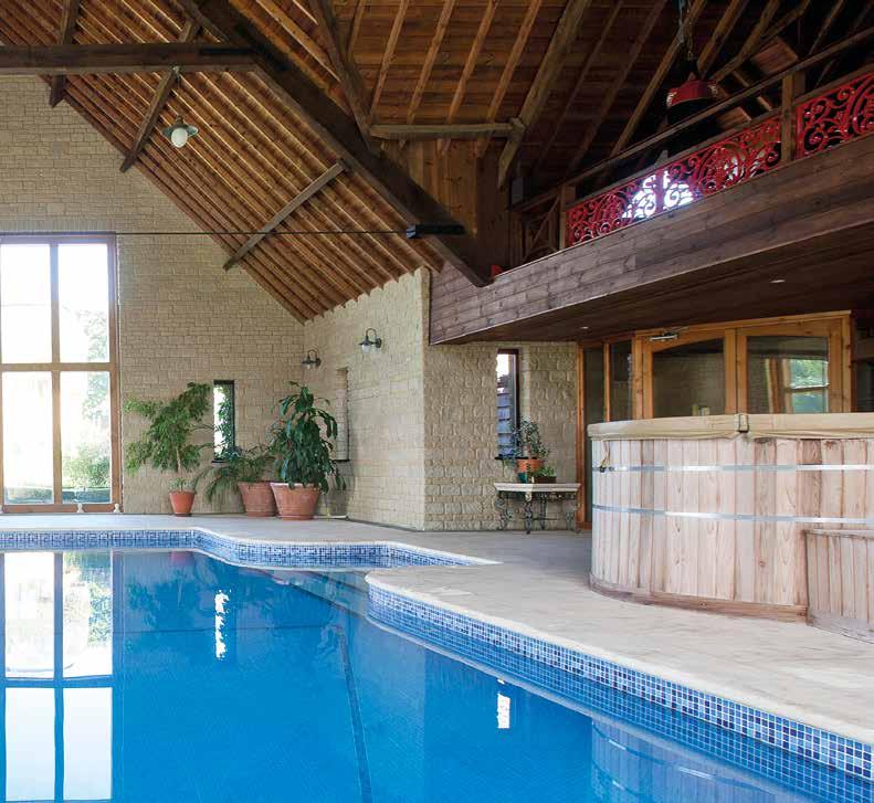 In addition there is a raised Jacuzzi, sauna and changing area with shower and WC. Stairs lead up to the gym on a mezzanine level with balcony and views over the pool.