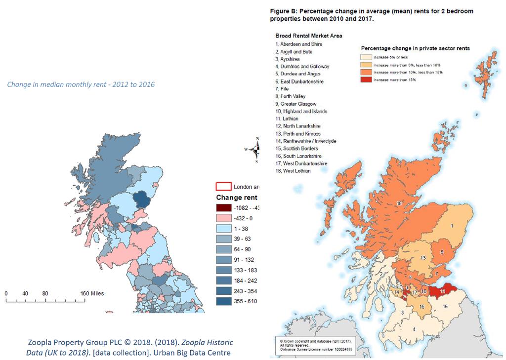 Comparing changes in advertised rents between 2012 and 2016 to changes in estimated rents between 2010 to 2017 in Scottish Broad Rental Market Areas (BMRAs) (Figure 14) shows clear similarities.