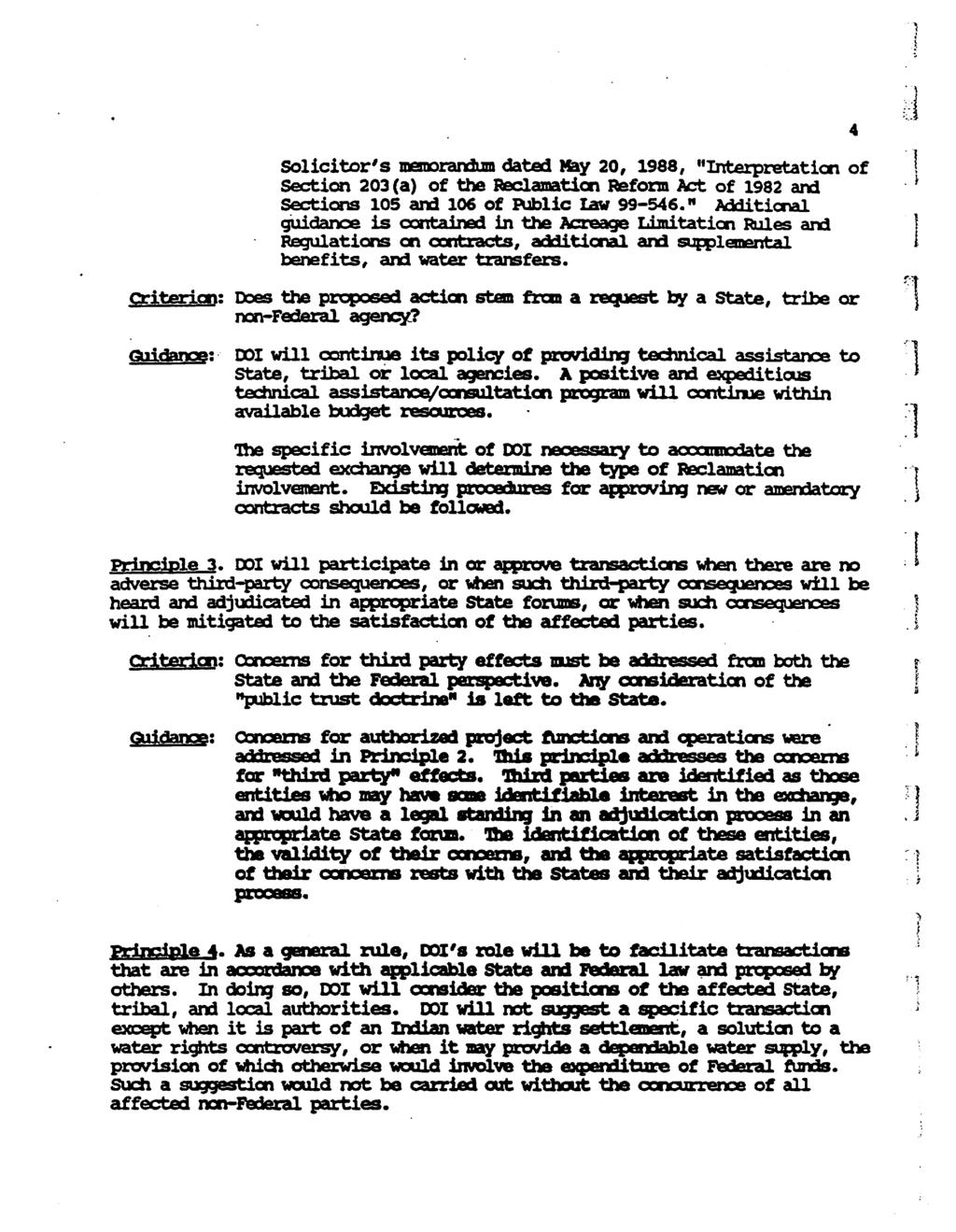 Solicitor's memorandum dated May 20, 1988, "Interpretation of Section 203 (a) of the Reclamation Reform Act of 1982 and Sections 105 and 106 of Public law 99-546.
