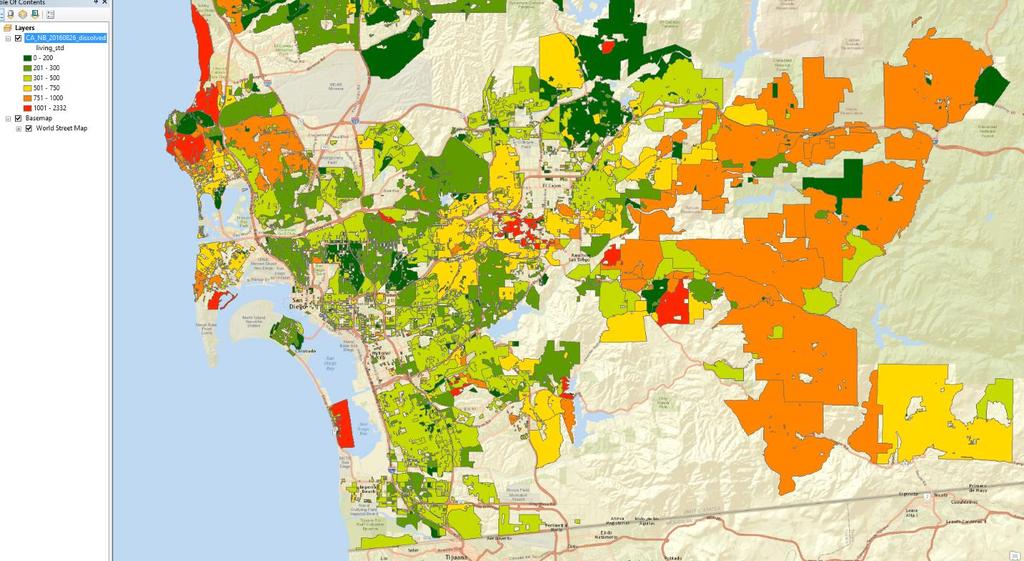 Exhibit 12: San Diego Neighborhoods Standard Deviation of Size of Living Area Here the orange color shows the greatest variation of size and the dark green represents the most homogeneous