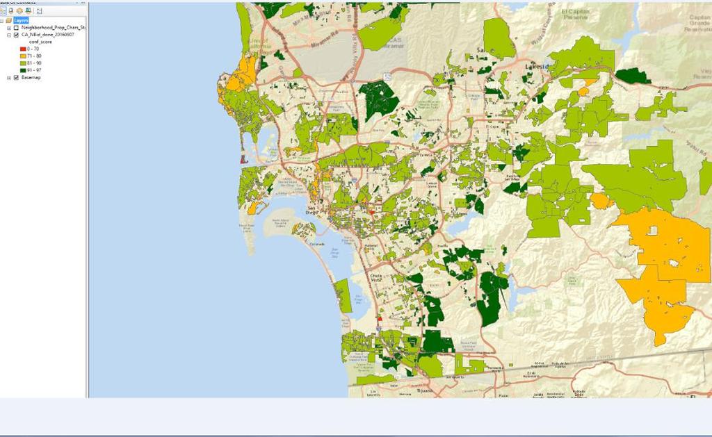 Exhibit A-13: Average CA Value AVM Confidence Scores in 2016 by Neighborhood for San Diego Darker green areas are