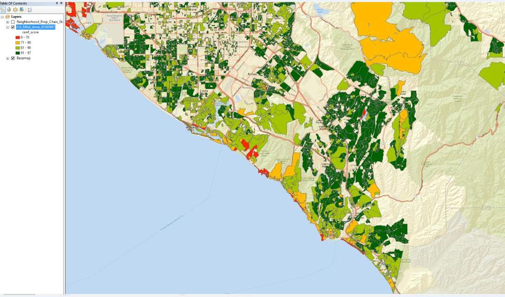 Exhibit A-14: Average CA Value AVM Confidence Scores in 2016 by Neighborhood for Orange County Darker green areas are