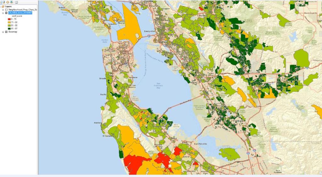 Exhibit A-15: Average CA Value AVM Confidence Scores in 2016 by Neighborhood for the Bay Area Darker green areas are