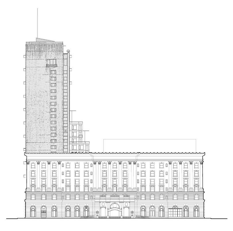 317 ft +/- 45 ft +/- 11 ft +/- 105 ft +/- 328 ft +/- Above Grade Sacramento Street Notes: Profile of existing Fairmont Hotel Tower & Podium structure shown in gray tone has been superimposed over