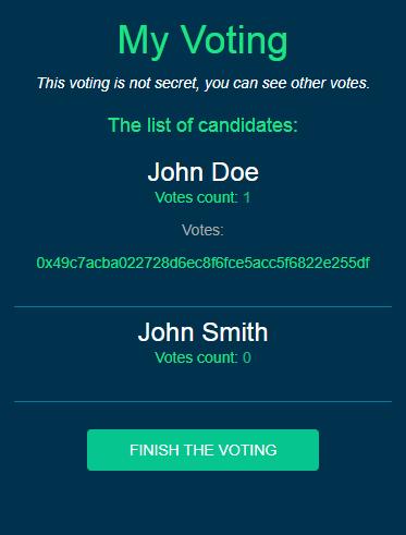 In dapp Builder the dapp creator customizes: 1. The list of options/candidates to vote for, giving them a name/description. 2. Whether or not the voting is "blind".
