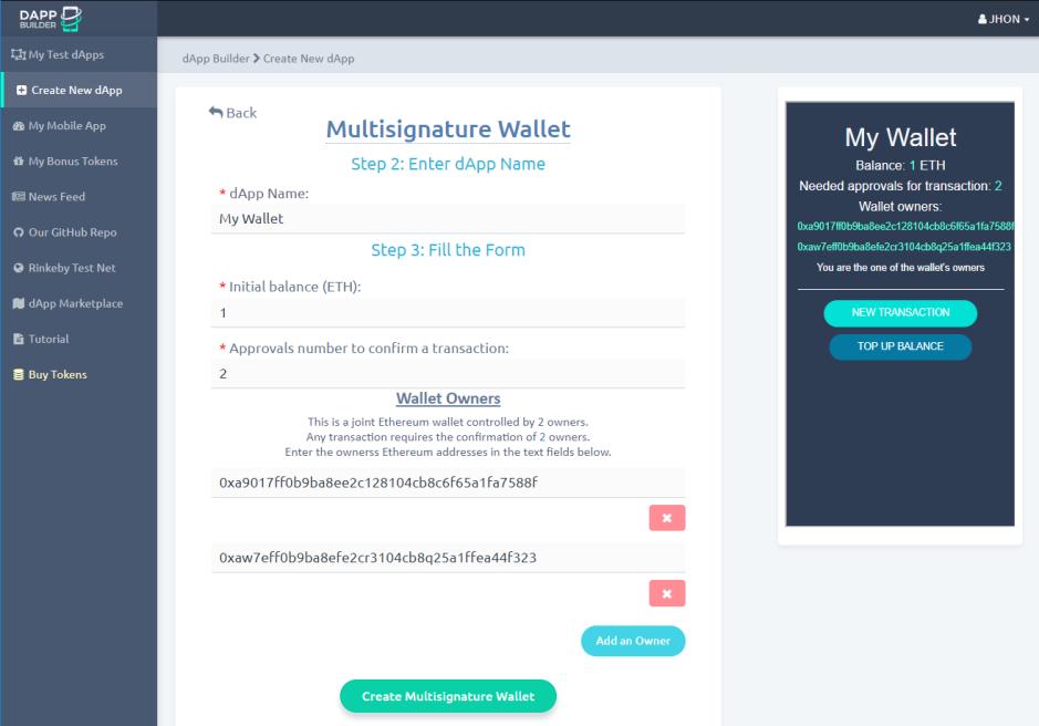 3.3 Multisignature Wallet In dapp Builder the dapp creator customizes: 1) initial balance of the wallet; 2) the number of needed approvals for