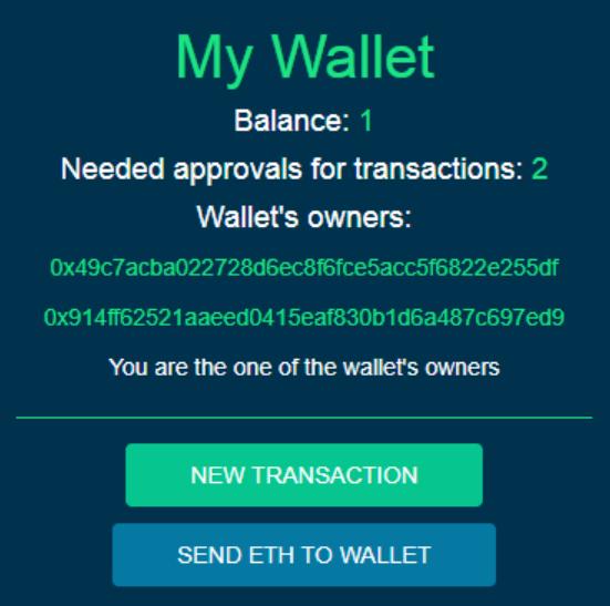 The dapp interface shows the wallet information (dapp