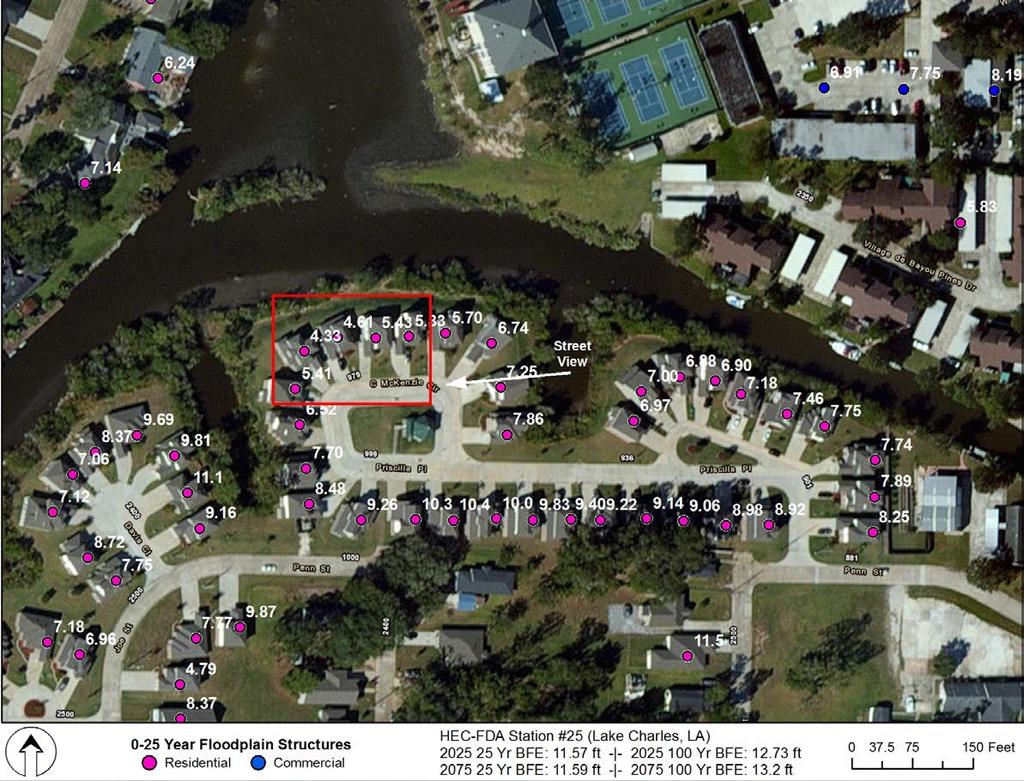 Figure 4: Aerial view of residential properties eligible for elevation to the 2075 100-year floodplain (varying first floor elevations for