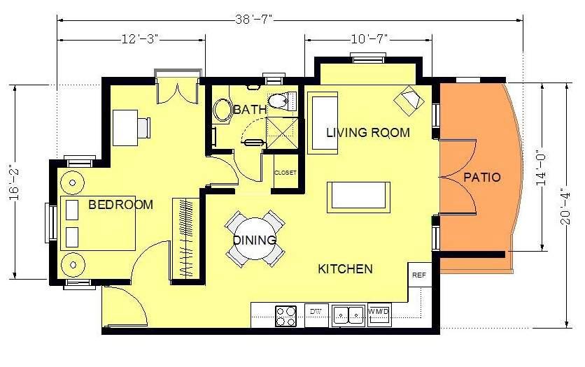 One-bedroom apartment typical layout Springcourt G18, G19, H21, H22 The one-bedroom apartments have a spacious integrated living/kitchen and generously sized bedroom with separate doorway to the